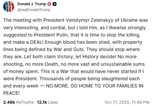 Трамп закликав Путіна й Зеленського укласти угоду: Зупинитися там, де є. Нехай обидва оголосять перемогу