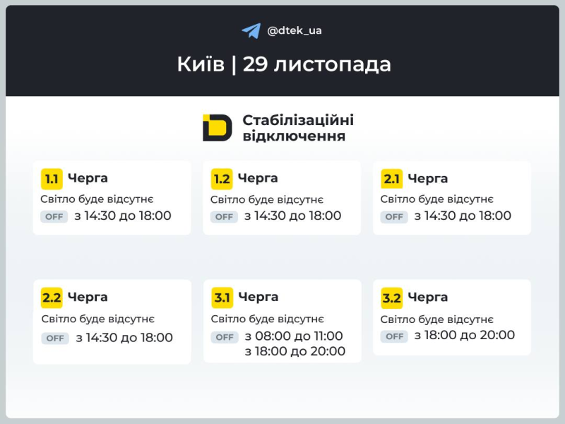 Відключення електрики у Києві 29 листопада: коли і де не буде світла