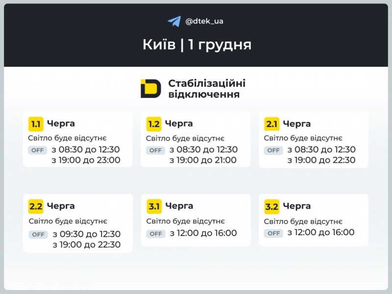 Як вимикатимуть світло у Києві 1 грудня: ДТЕК оприлюднив графіки