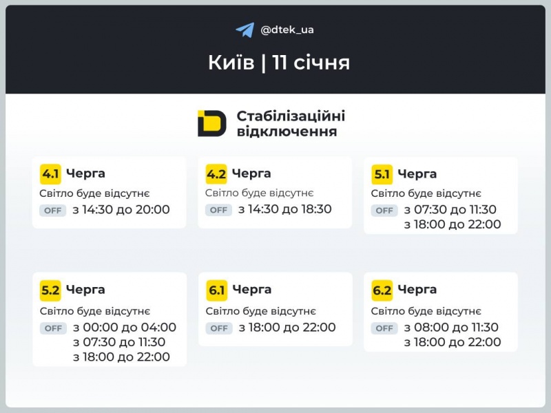 Без світла до трьох разів на добу: графіки відключень для Києва на 11 січня