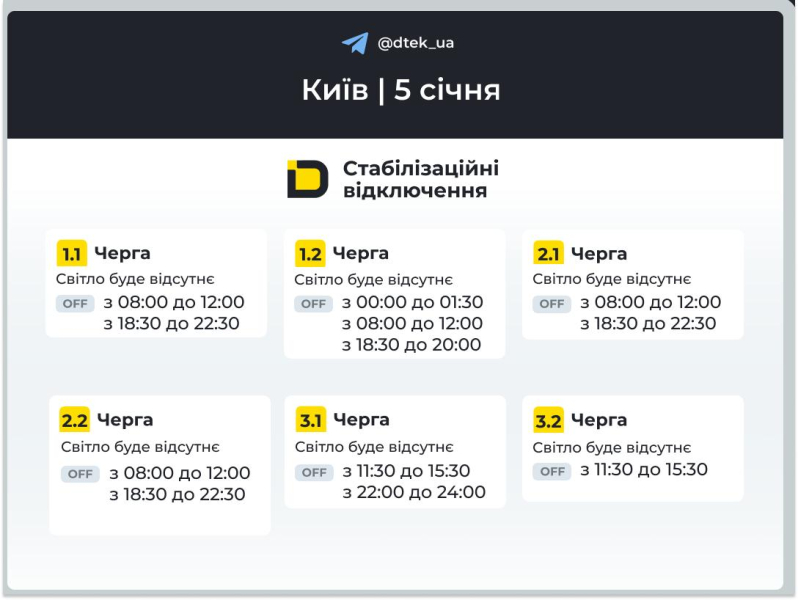 До 8 годин без світла: ДТЕК показав графіки для Києва на 5 січня