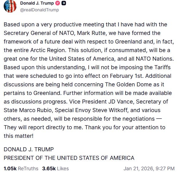 Трамп не вводитиме мит проти країн НАТО. Він і Рютте сформували основу угоди щодо Гренландії